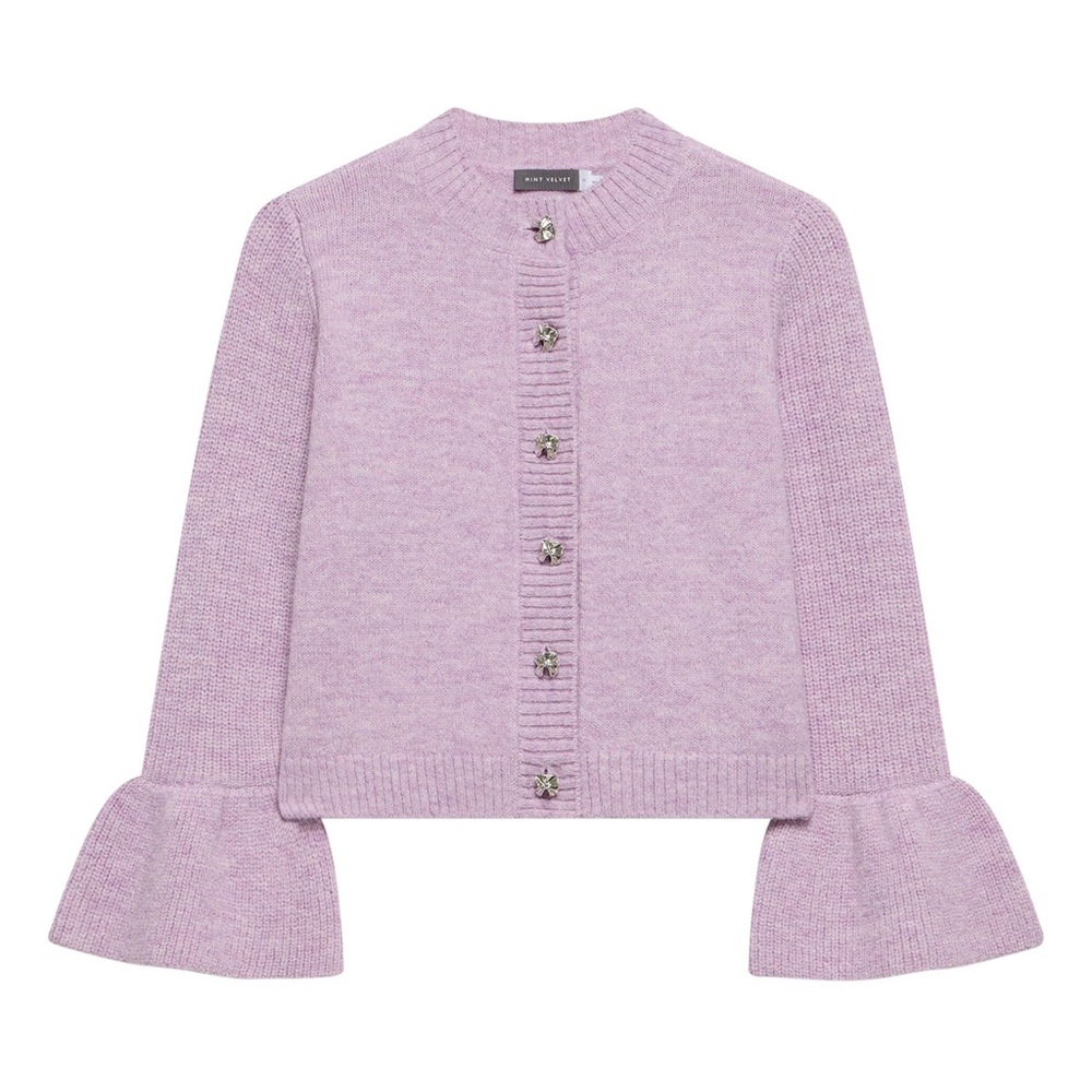 NWT Elegant Lavender Wool Sweater with Flared Sleeves and Jewel Buttons